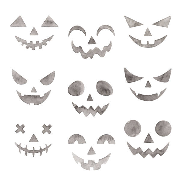 Watercolor Scary Faces Watercolor spooky faces illustration. Vector tracing. watercolor lantern set stock illustrations