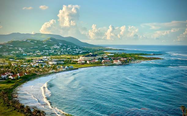 Frigate BaySt. Kitts An above view of the famous Frigate bay, originally this area became famous as it was where the pirate ships came to relax and have Island fun in the 1700’s west indies stock pictures, royalty-free photos & images