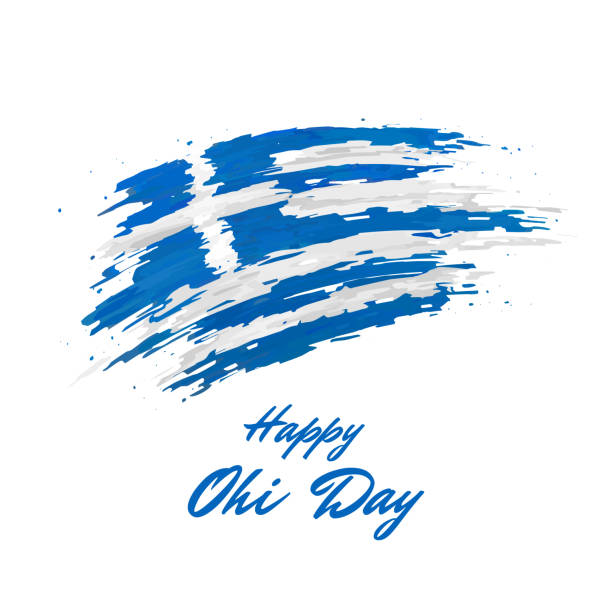 ilustrações, clipart, desenhos animados e ícones de 28 de outubro, dia da grécia, modelo vetorial. bandeira grega pintada com pinceladas em fundo leve. feriado nacional de oxi na grécia em 28 de outubro. feliz cartão de saudação do dia ohi - bandeira-grega