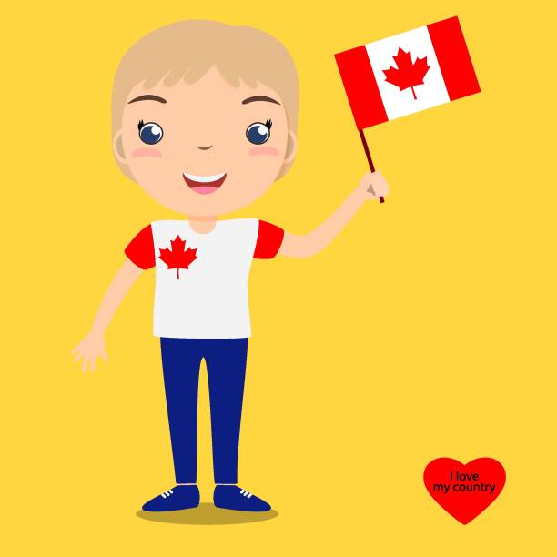 istock Smiling child, boy, holding a Canada flag isolated on yellow background. Vector cartoon mascot. Holiday illustration to the Day of the country, Independence Day, Flag Day. 1430695035