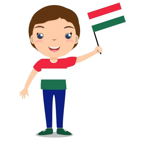 Vector illustration of Smiling chilld, boy, holding a Hungary flag isolated on white background. Vector cartoon mascot. Holiday illustration to the Day of the country, Independence Day, Flag Day.