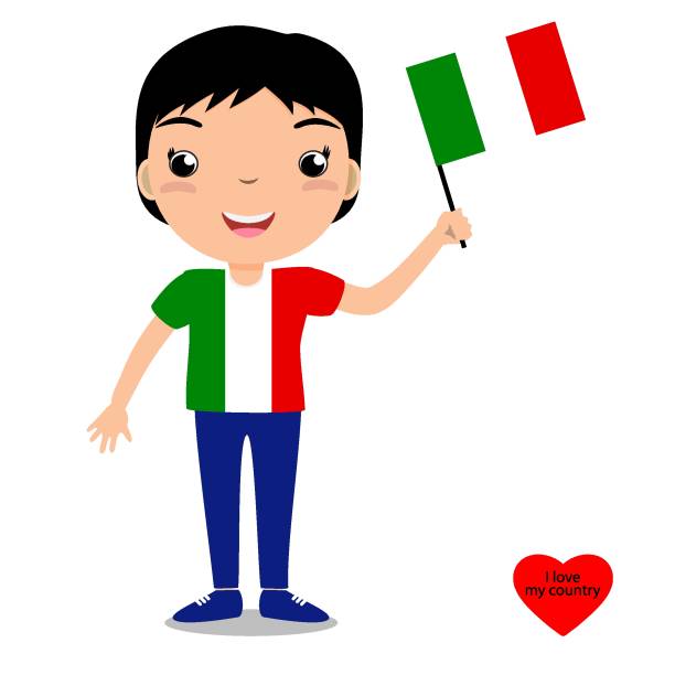 istock Smiling child, boy, holding a Italy flag isolated on white background. Vector cartoon mascot. Holiday illustration to the Day of the country, Independence Day, Flag Day. 1430695184