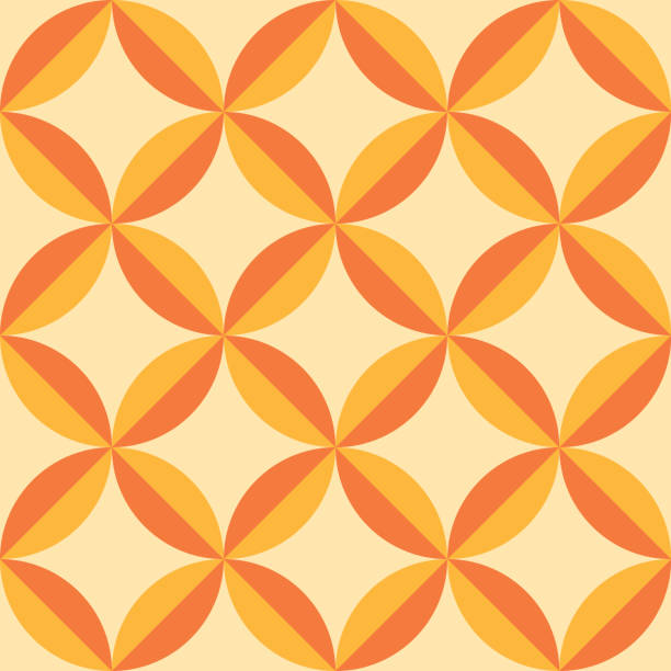 Mid century modern geometric circle leaves seamless pattern in yellow and orange. Mid century modern geometric circle leaves seamless pattern in yellow and orange. For textile, home décor, wallpaper and wrapping paper illusion pattern circle image created 1960s stock illustrations