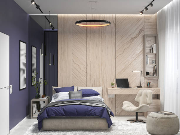 istock Bedroom in elegant lilac, 3D render 1430698392