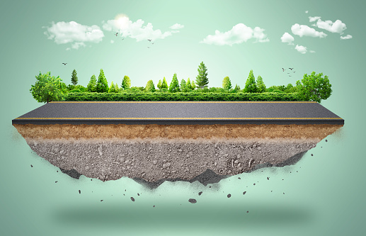 country road and green trees in summer. 3d illustration of a piece of green land isolated, creative travel and tourism off-road design trees.