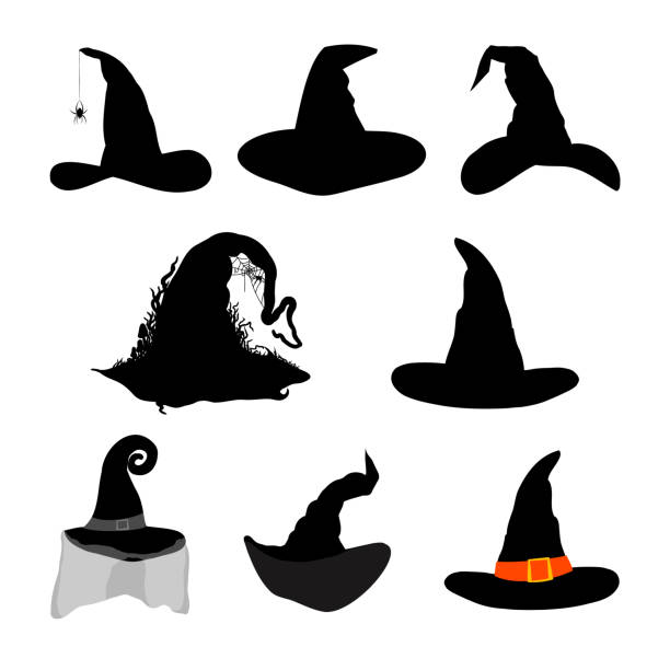 illustrazioni stock, clip art, cartoni animati e icone di tendenza di set di cappelli da strega silhouette - witchs hat
