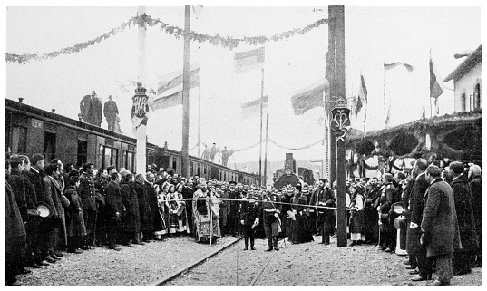 Antique image: Railway inauguration in Sofia, King of Serbia Alexandre I and Prince of Bulgaria Ferdinand