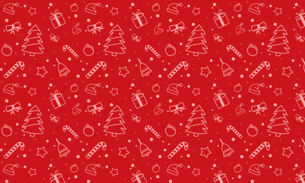 ilustrações, clipart, desenhos animados e ícones de fundo de rabisco de natal vermelho adequado para design de embalagem, papel de parede ou papel de embrulho. - feliz natal