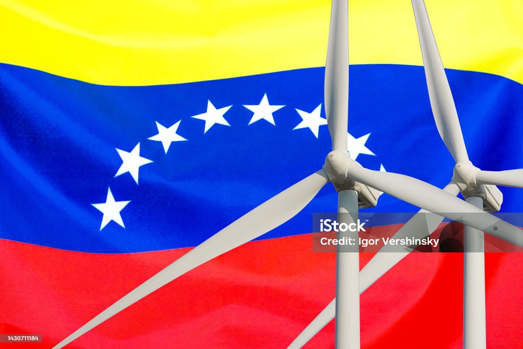 Two Wind Turbines For Alternative Energy On Venezuela Flag Background