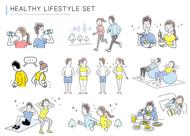 Vector illustration material: set of people who exercise for diet and health management Vector illustration material: set of people who exercise for diet and health management mature woman healthy eating stock illustrations