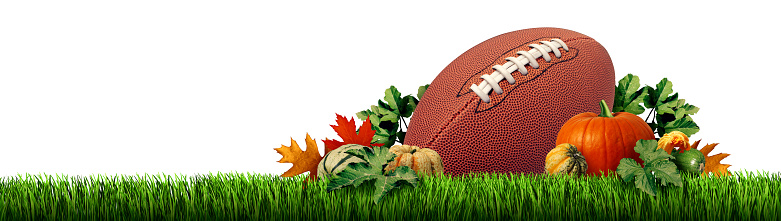 Thanksgiving Football and autumn sports ball as an American sport during the Fall season or field goal and touchdown on a field with Halloween pumpkin and harvest squash concept as a team sport competition with 3D illustration elements.