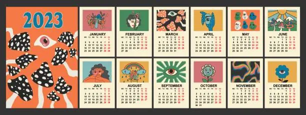 Vector illustration of Retro clockwork 2023 calendar template with cartoon funny characters flower power, fly agaric, eye, smiley, rainbow, clockwork mushrooms. Vector. Vertical calendar.