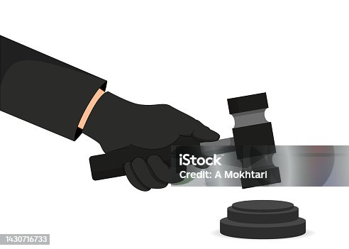 istock Judgment with judge gavel in black thief glove. 1430716733