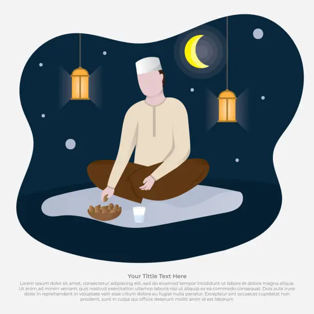 Vector illustration of Muslim man eating dates palm, People enjoying iftar meal, Happy iftar, iftar icon, iftar party