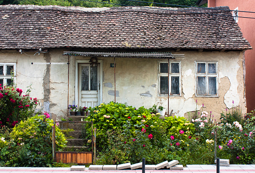 Golubac, Serbia - May 6, 2016: Old ruined  house with beautiful garden full of colorful flowers in Golubac, Serbia