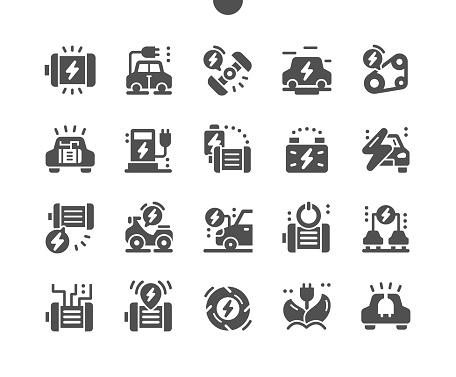 Electrical engine. Electric motor and car. Timing belt. Eco car. Industrial engineering. Vector Solid Icons. Simple Pictogram