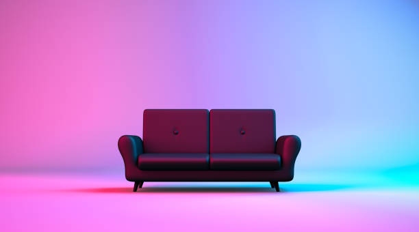 istock Close up sofa mockup with neon light and color background 1430719535