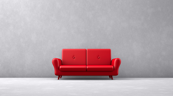Close up red sofa on concrete wall and floor background, 3d rendering