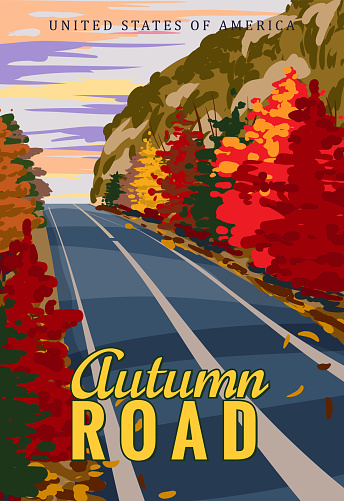 Autumn Road travel vintage poster, autumn road. Retro illustration, fall seasone, highway, vector WPA style