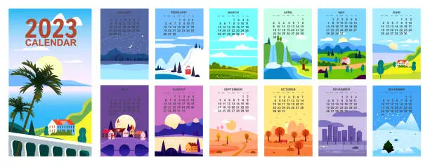 Vector illustration of 2023 Calendar minimalistic landscape natural backgrounds of four seasons