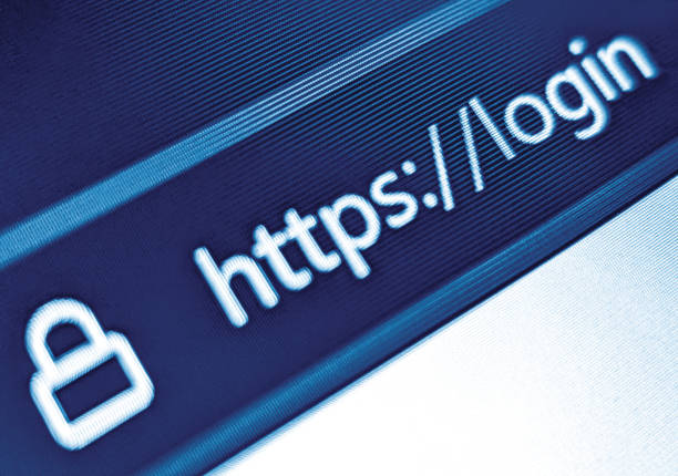 istock Closeup view of an internet web browser with secure URL displayed on a pixelated screen in blue 1430724139