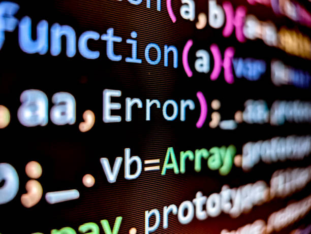 Computer code with function error text displayed on pixelated screen with colorful words on dark background stock photo