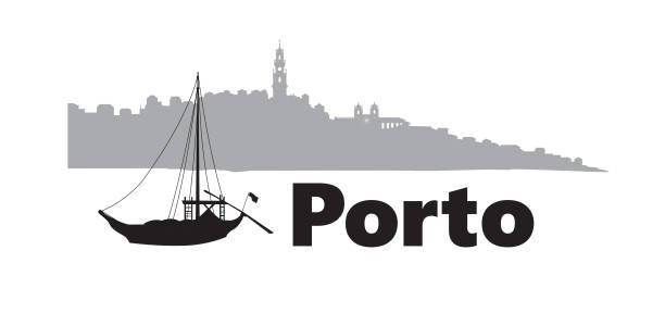 ilustrações de stock, clip art, desenhos animados e ícones de portugal city porto horizontal banner. lettering porto with traditional portuguese boat and cityscape skyline silhouette - douro