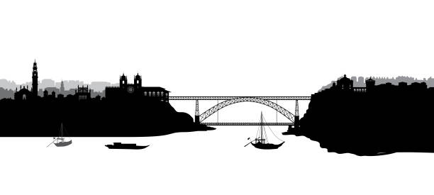 ilustrações de stock, clip art, desenhos animados e ícones de portugal city porto panoramic tourist skyline view. portuguese cityscape with famous bridge thourgh douro river - douro