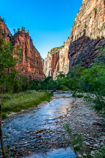 The trail to the Narrows in Zion National Park. The trail starts at the Temple of Sinawava shuttle stop and follows the Virgin River. It follows the Virgin River and gradually narrows until hikers must actually walk in the water through the narrowest part of the slot canyon.