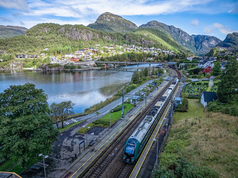 Scenic aerial  view of cruise liners in  Olden in Norway