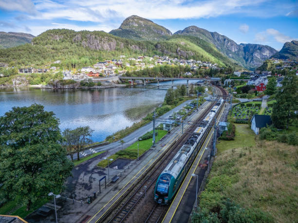 Train Bergen - Oslo in Stanghelle, Vaksdal municipality, Norway. stock photo