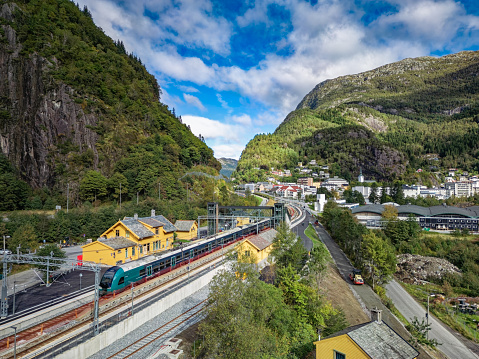 Train Oslo - Bergen in Dale village. Norway.