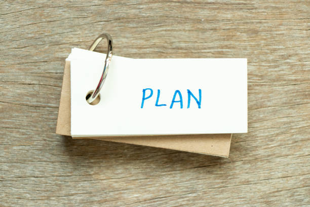 istock Flash card with handwriting word plan on wood background 1430730355