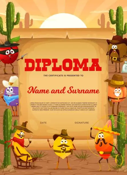 Vector illustration of Kids diploma. Wild West fruit cowboy and sheriffs