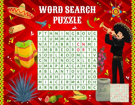 Word search puzzle vector game worksheet of mexican mariachi, food, pinata, clothes and plants. Kids quiz game grid or riddle with sombrero, burrito and chili pepper on mexican pattern background