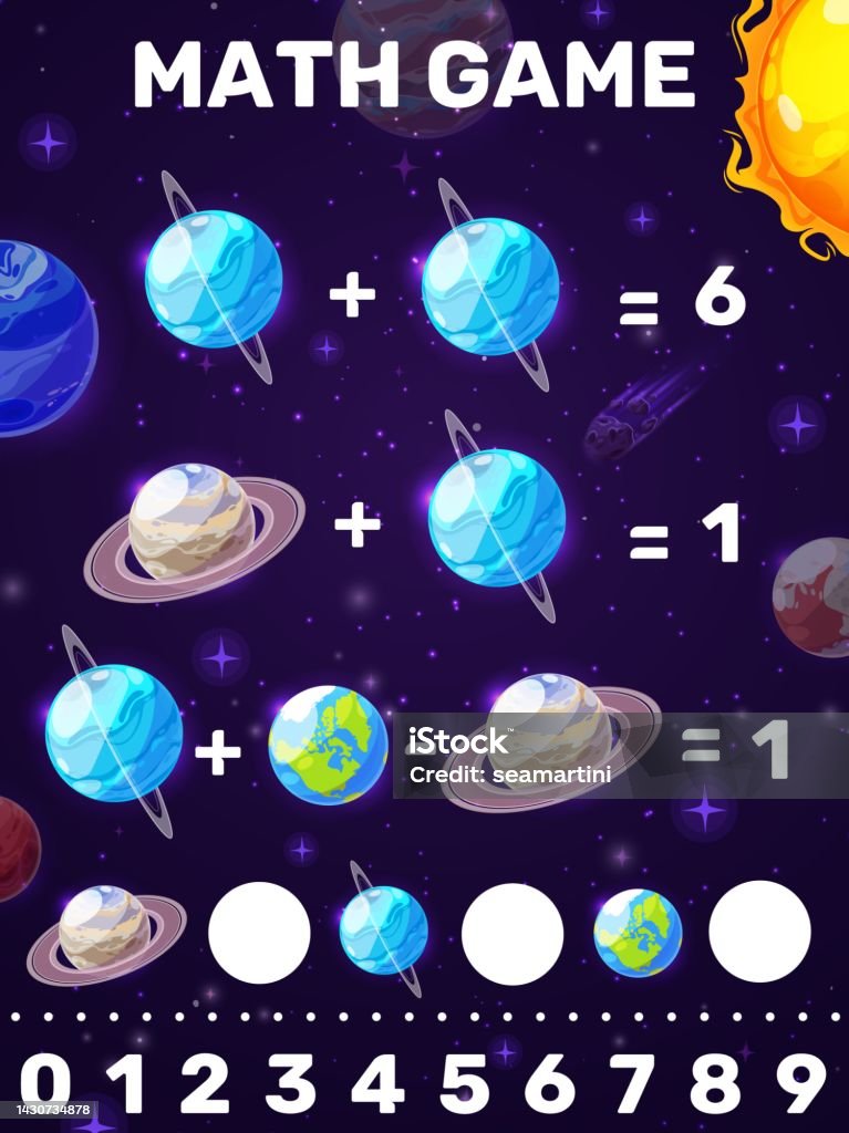 Planet Math Activities Math Game Worksheet With Cartoon Space Planets Stock Illustration ...