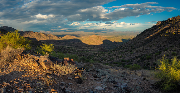Sunset view from Bell Pass in the McDowell mountains overlooking Verde river valley