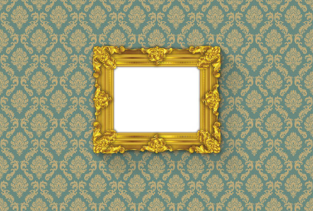 illustrazioni stock, clip art, cartoni animati e icone di tendenza di museo antique gold frame su sfondo vintage stile damasco - pattern baroque style vector ancient