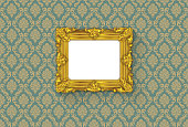 istock Museum Antique Gold Frame on Vintage Damask Style Wallpaper Background 1430735091