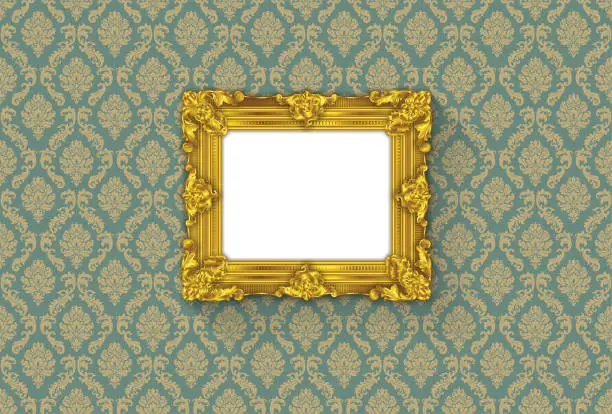 Vector illustration of Museum Antique Gold Frame on Vintage Damask Style Wallpaper Background