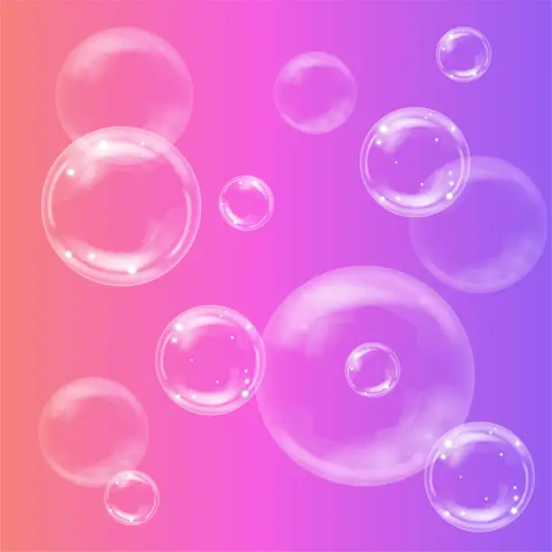 Vector illustration of Transparent realistic soap bubbles on bright background