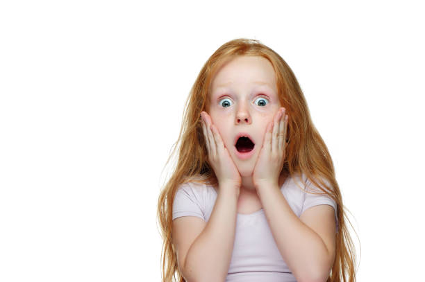 istock Pretty girl  expressing amazement isolated on white background 1430736304