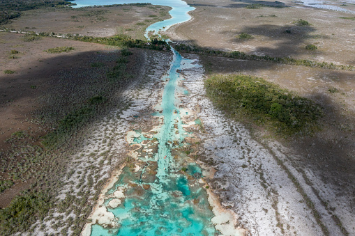 Drone point of view of beautiful river going to the Bacalar laguna.\nQuintana Roo, Mexico