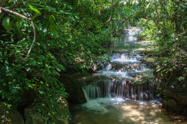 vue du paysage de la cascade d’erawan kanchanaburi thaïlande - erawan national park beauty in nature waterfall photos et images de collection