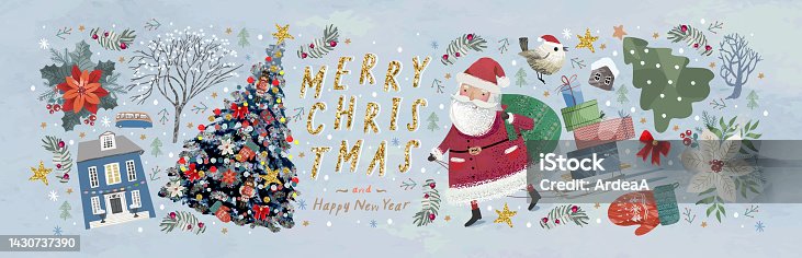 istock Merry Christmas and Happy New Year. Vector illustrations of Christmas tree, Santa Claus, tree, house and other objects 1430737390