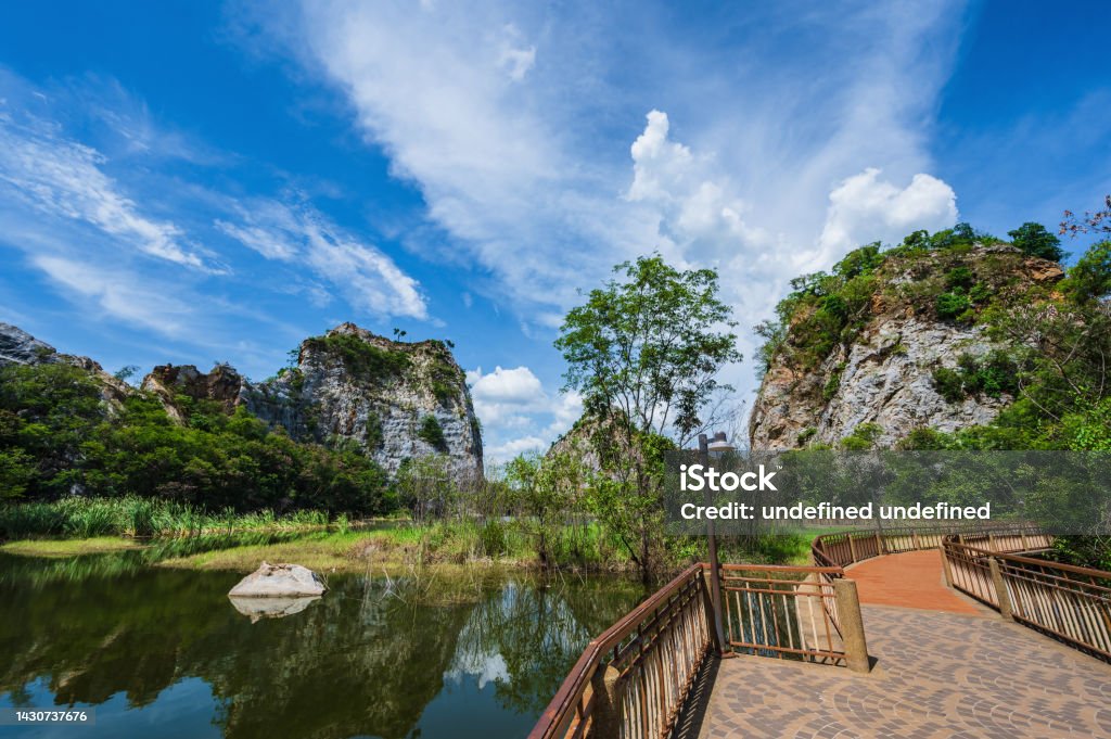 Khao Ngu Stone Park In Ratchaburi Province Khao Ngu Stone Park In Ratchaburi Province, it used to be an old mine. Later developed and improved new to be a tourist attraction Convenient transportation Adventure Stock Photo
