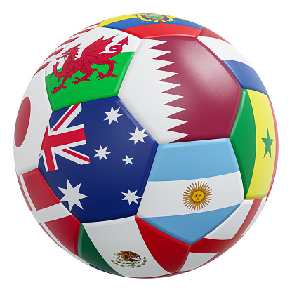 Soccer ball with international flags pattern and leather texture . Isolated . Embedded clipping paths . 3D rendering .