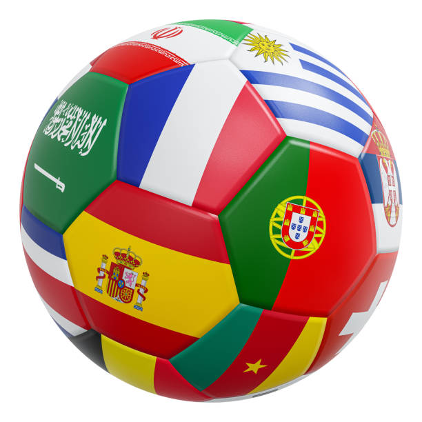 ballon de football avec motif de drapeaux internationaux et texture cuir. isolé. chemins d’écrêtage incorporés . rendu 3d . - objects with clipping paths continent 3d render map photos et images de collection