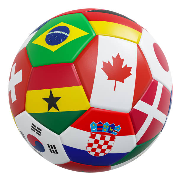 ballon de football avec motif de drapeaux internationaux et texture cuir. isolé. chemins d’écrêtage incorporés . rendu 3d . - objects with clipping paths continent 3d render map photos et images de collection