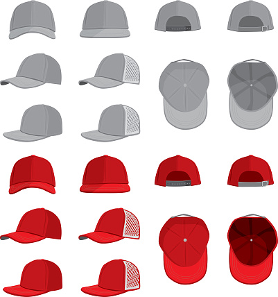 Set of baseball hat vector graphics in a variety of styles and angles